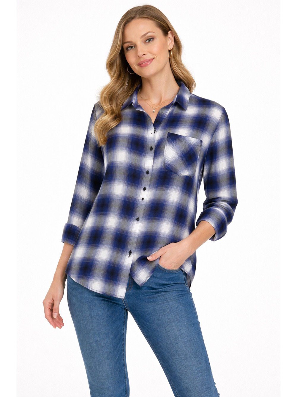 Cloth & Stone Womens Plaid Button Up Long Sleeve Shirt Size Large White Blue New